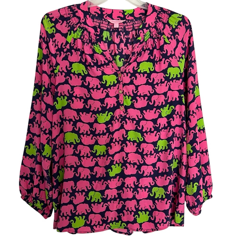 Lilly Pulitzer Pink, Green & Navy Elephant Print Blouse